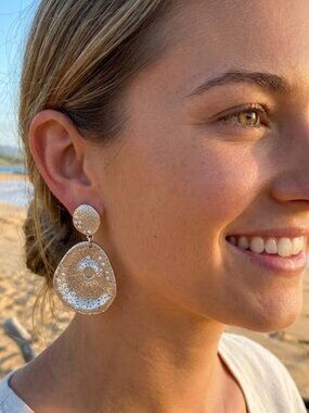 ABS Allen Schwartz Sand Dollar Teardrop Statement Earrings -Silvertone - 2" drop